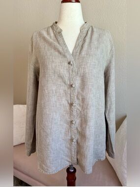 J Jill 100% Linen Tunic Top Beige Mandarin Collar Knot Buttons Women L Lagenlook